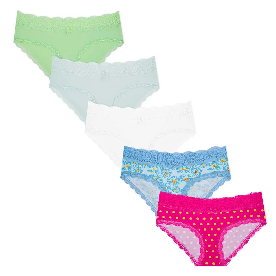 5 Pack Cotton with Lace Trim Bikinis