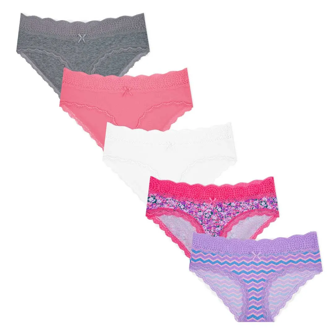 5 Pack Cotton with Lace Trim Bikinis