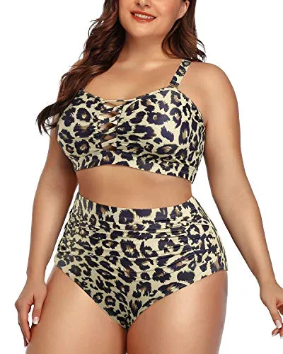 Adjustable High Waisted Ruched Bikini For Women Plus Size-Leopard