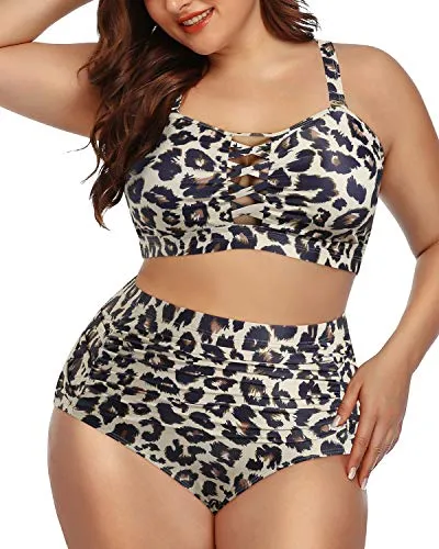 Adjustable High Waisted Ruched Bikini For Women Plus Size-Leopard