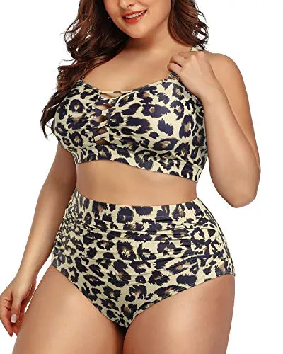 Adjustable High Waisted Ruched Bikini For Women Plus Size-Leopard