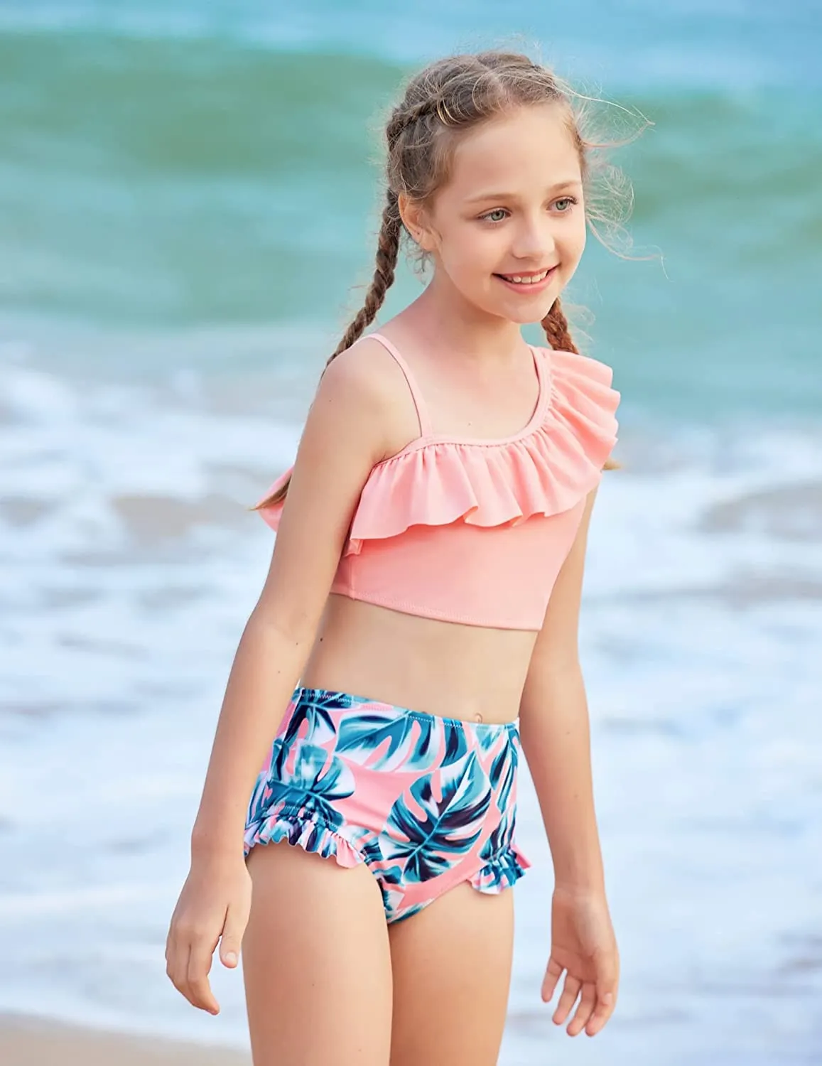 Arshiner Girls Swimsuit Ruffles Flounce Printed Two Pieces Bikini Set