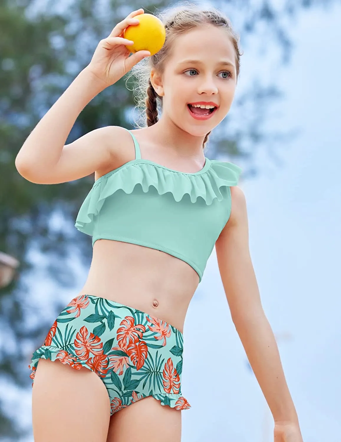 Arshiner Girls Swimsuit Ruffles Flounce Printed Two Pieces Bikini Set