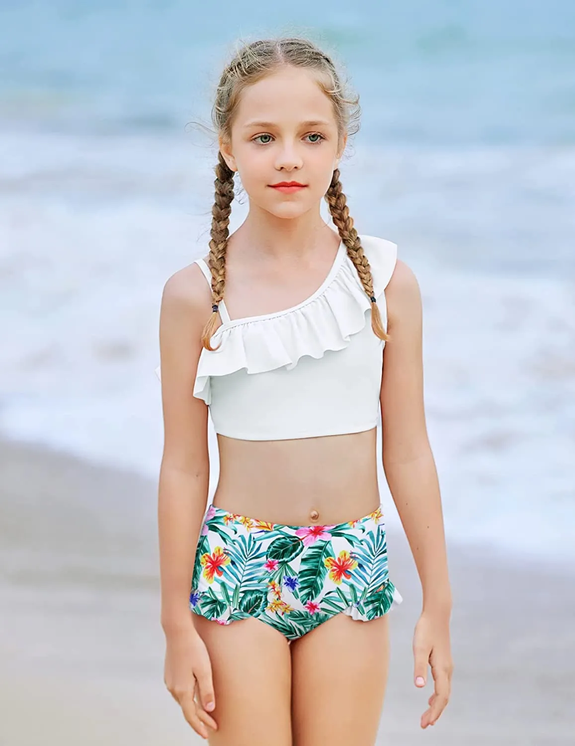 Arshiner Girls Swimsuit Ruffles Flounce Printed Two Pieces Bikini Set