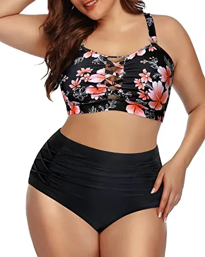 Attractive Hollow Out Plus Size Bikini Lace Up Front-Pink Flower