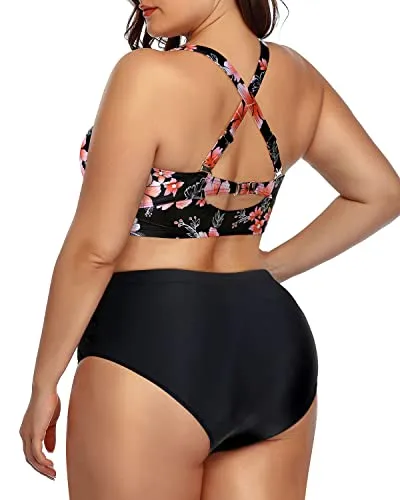 Attractive Hollow Out Plus Size Bikini Lace Up Front-Pink Flower