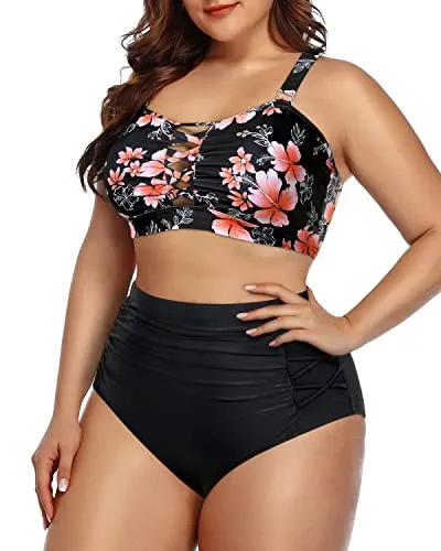 Attractive Hollow Out Plus Size Bikini Lace Up Front-Pink Flower