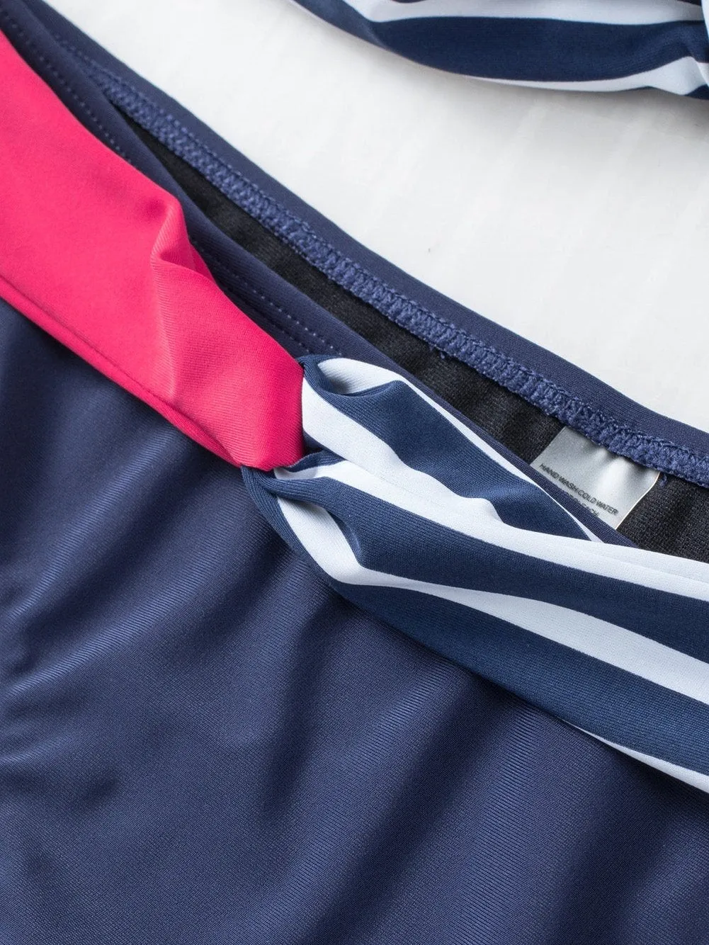 Blue Striped Bandeau Halter Bikini with Knot Detail