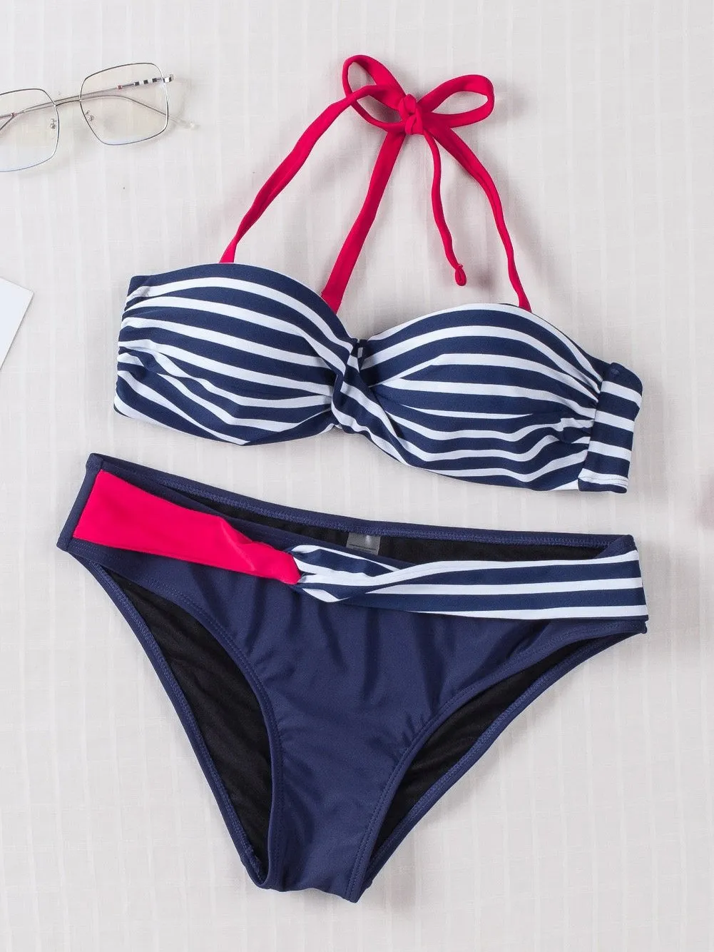 Blue Striped Bandeau Halter Bikini with Knot Detail