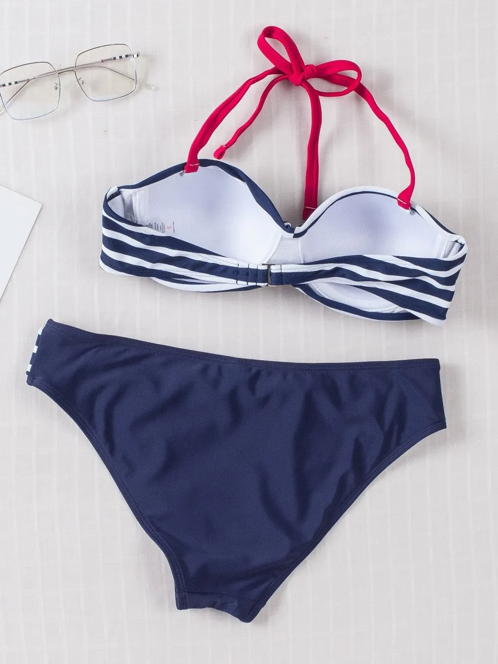 Blue Striped Bandeau Halter Bikini with Knot Detail