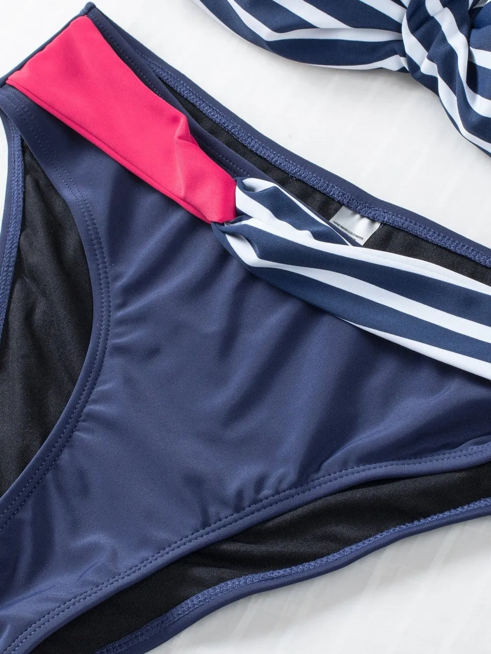 Blue Striped Bandeau Halter Bikini with Knot Detail