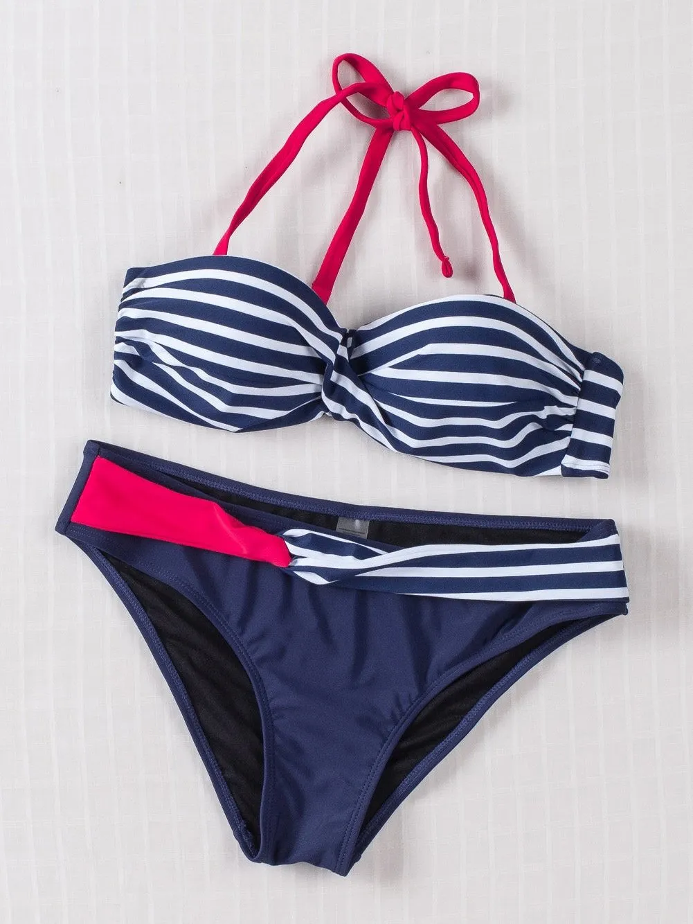 Blue Striped Bandeau Halter Bikini with Knot Detail