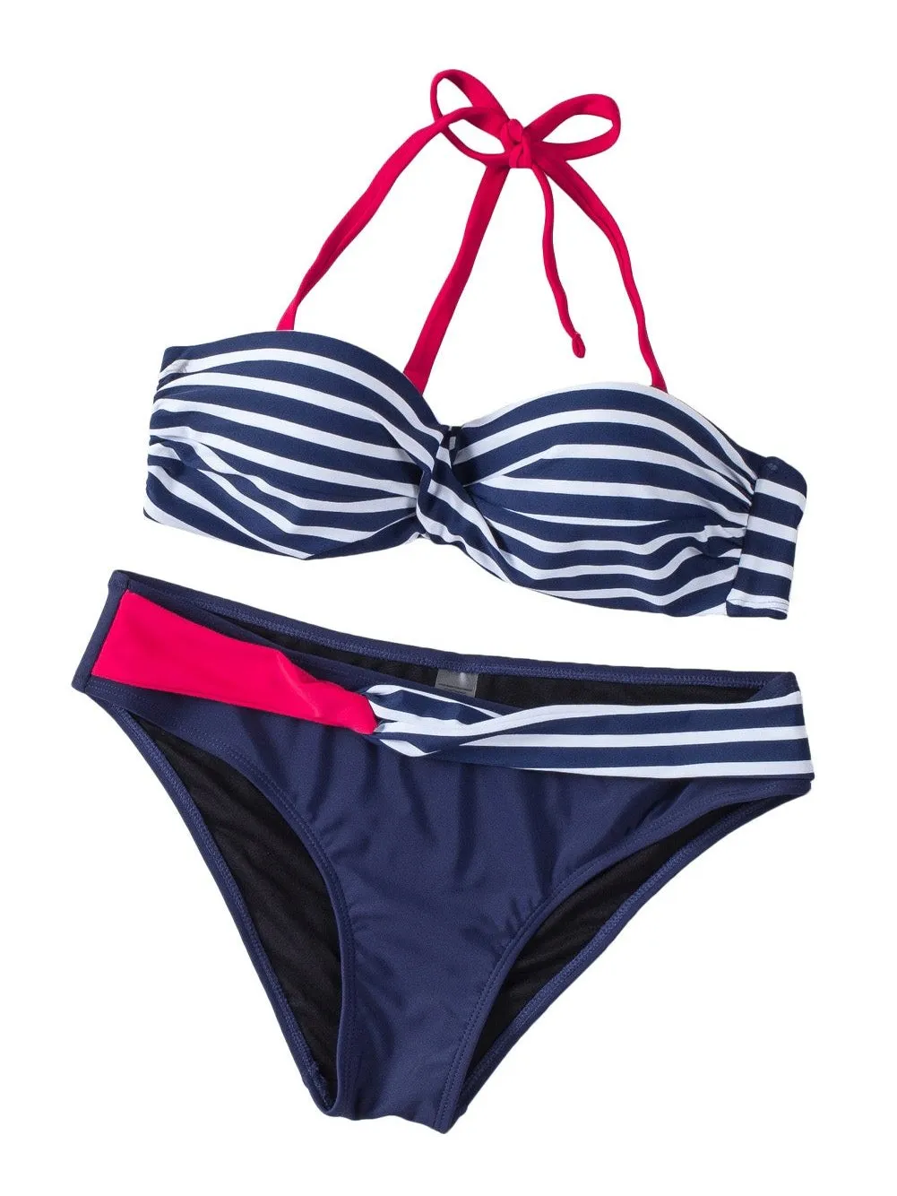 Blue Striped Bandeau Halter Bikini with Knot Detail