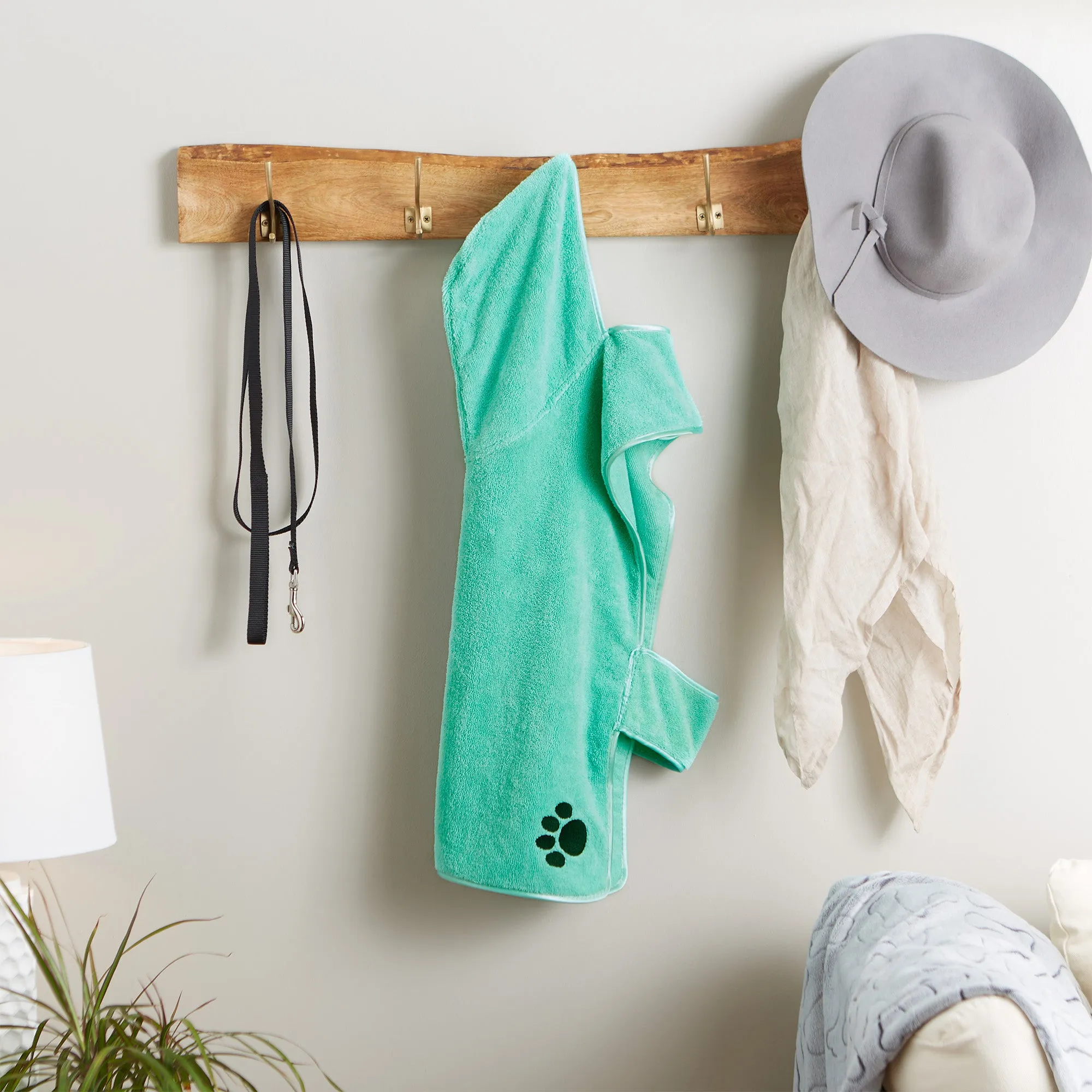 Bone Dry Terry Microfiber Pet Robe, Embroidered Paw Print - Aqua - Large, 35-50 lbs