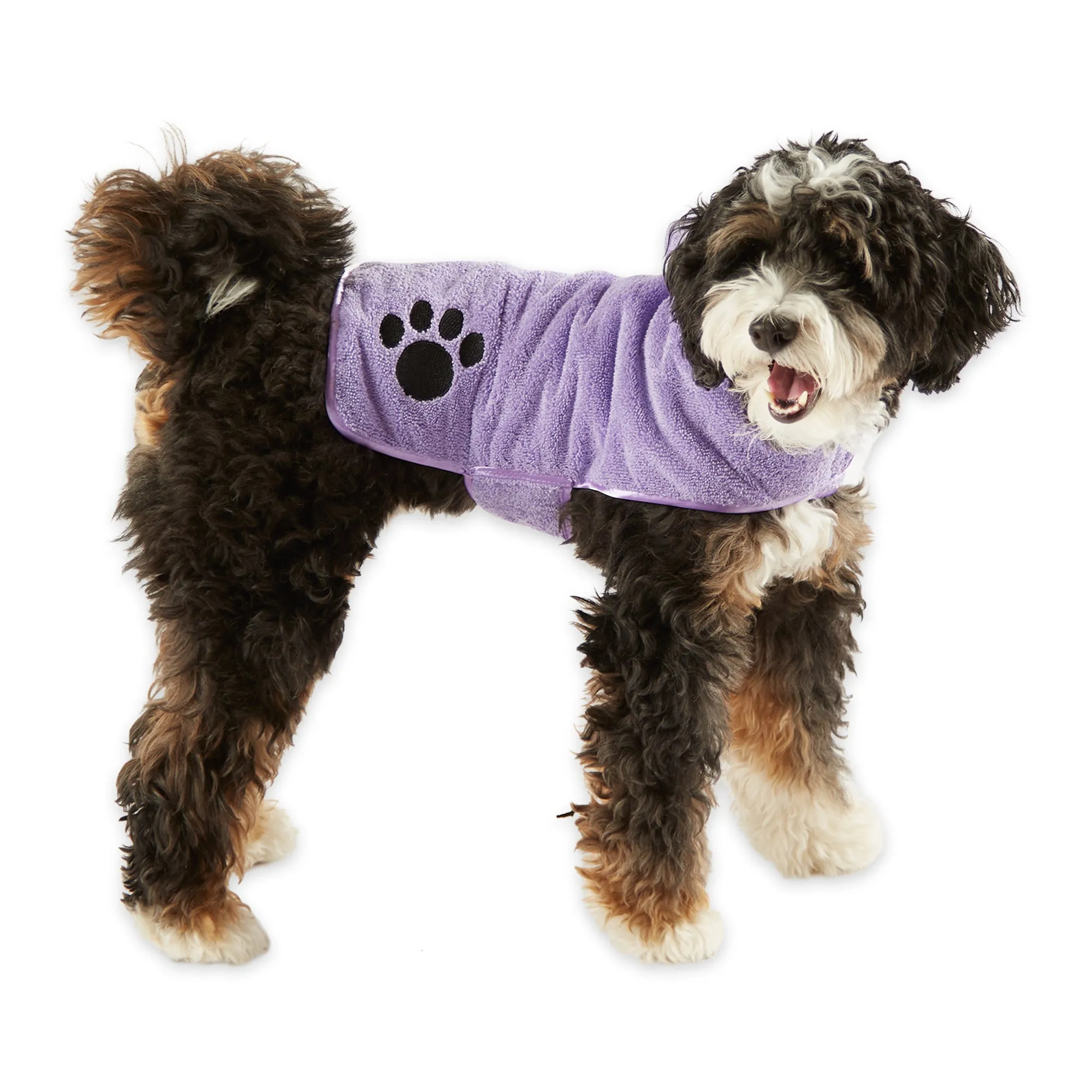 Bone Dry Terry Microfiber Pet Robe, Embroidered Paw Print - Lavender - Small, 10-20 lbs