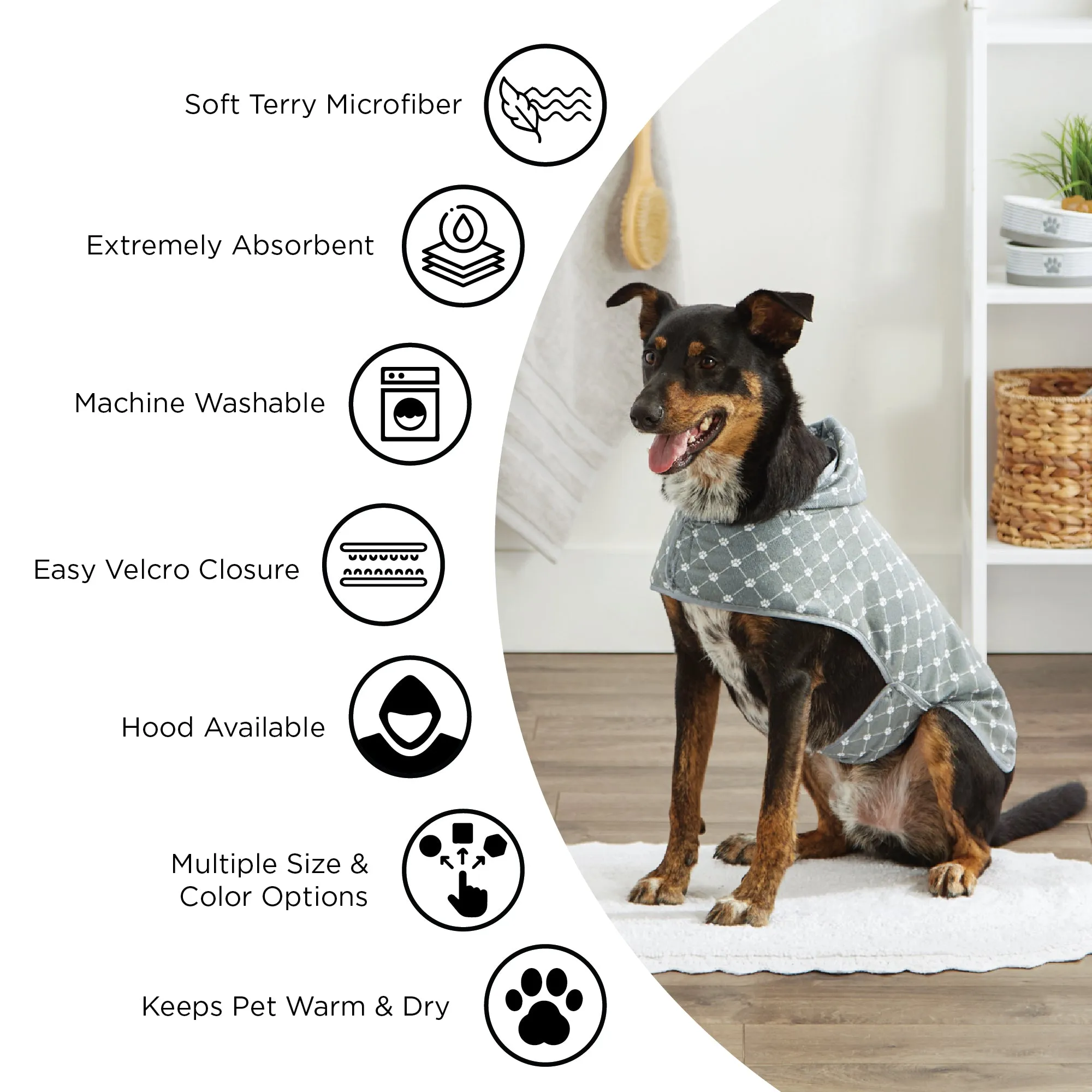 Bone Dry Terry Microfiber Pet Robe, Embroidered Paw Print - Lavender - Small, 10-20 lbs