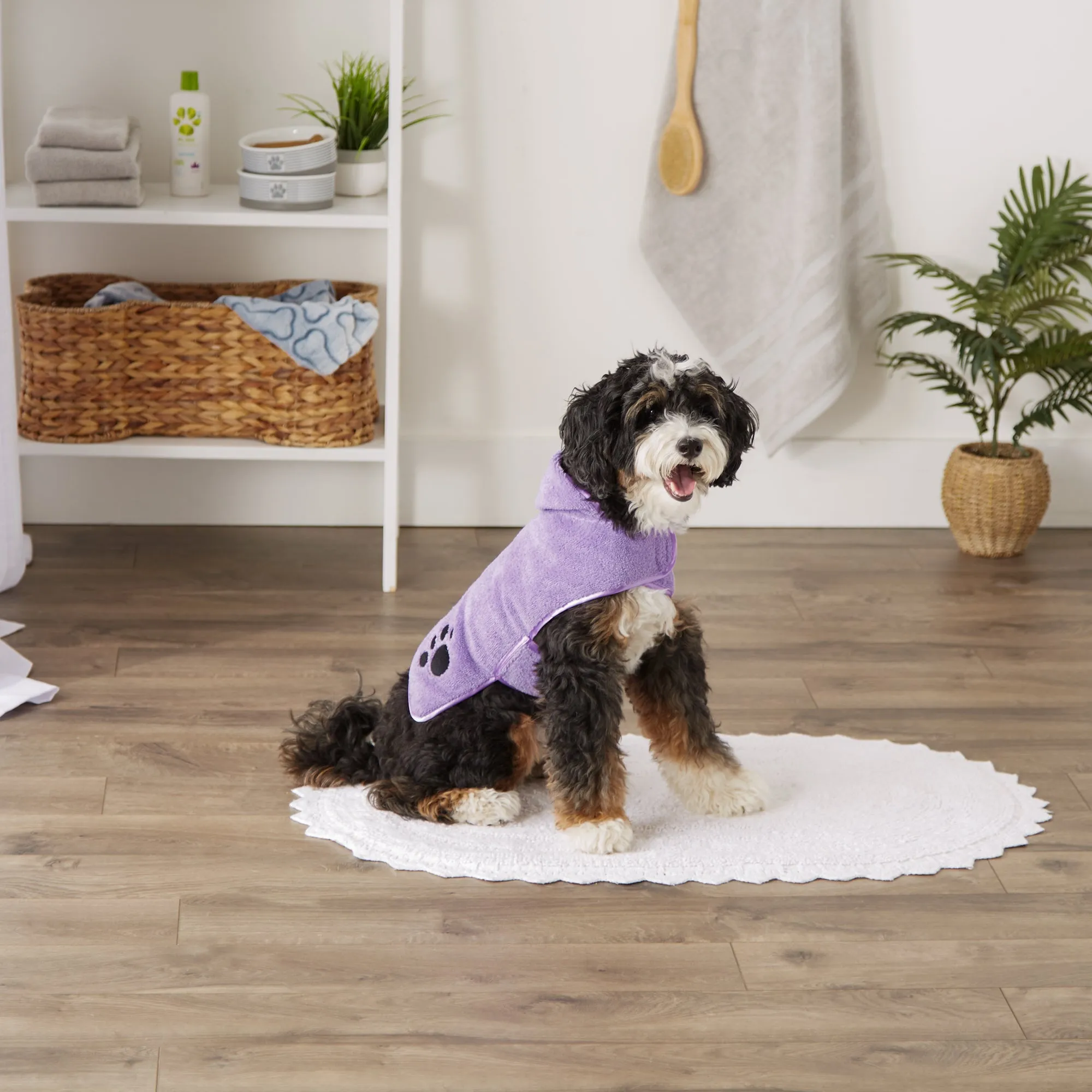 Bone Dry Terry Microfiber Pet Robe, Embroidered Paw Print - Lavender - Small, 10-20 lbs