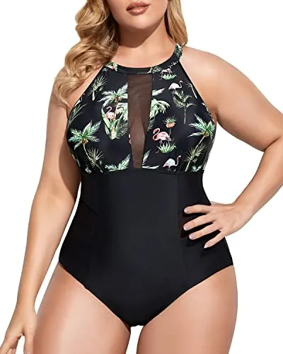 Charming High-Neck Cut-Out Bathing Suit For Plus Size Women-Black Palm Tree