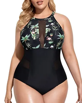 Charming High-Neck Cut-Out Bathing Suit For Plus Size Women-Black Palm Tree