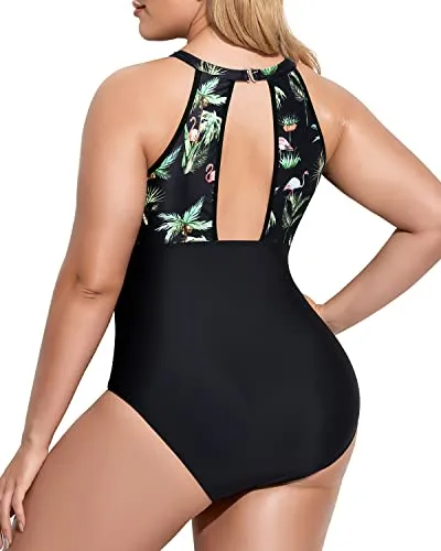 Charming High-Neck Cut-Out Bathing Suit For Plus Size Women-Black Palm Tree