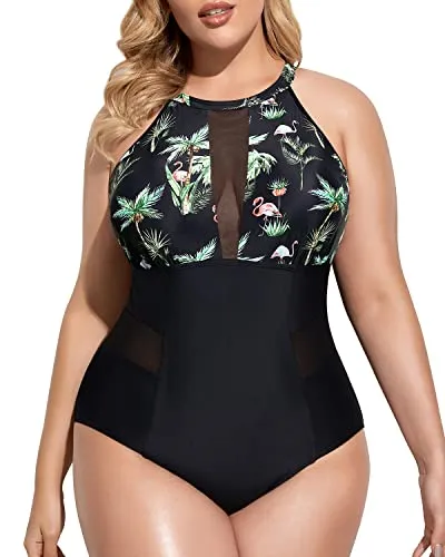 Charming High-Neck Cut-Out Bathing Suit For Plus Size Women-Black Palm Tree