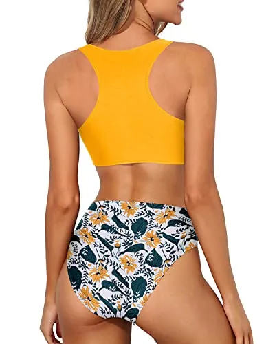 Crop Top Racerback Two Piece Bikini Set For Women-Yellow Floral