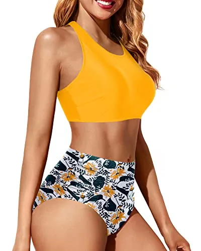 Crop Top Racerback Two Piece Bikini Set For Women-Yellow Floral