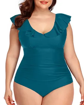 Elegant Ruffled Falbala Black Swimsuits For Plus Size-Teal