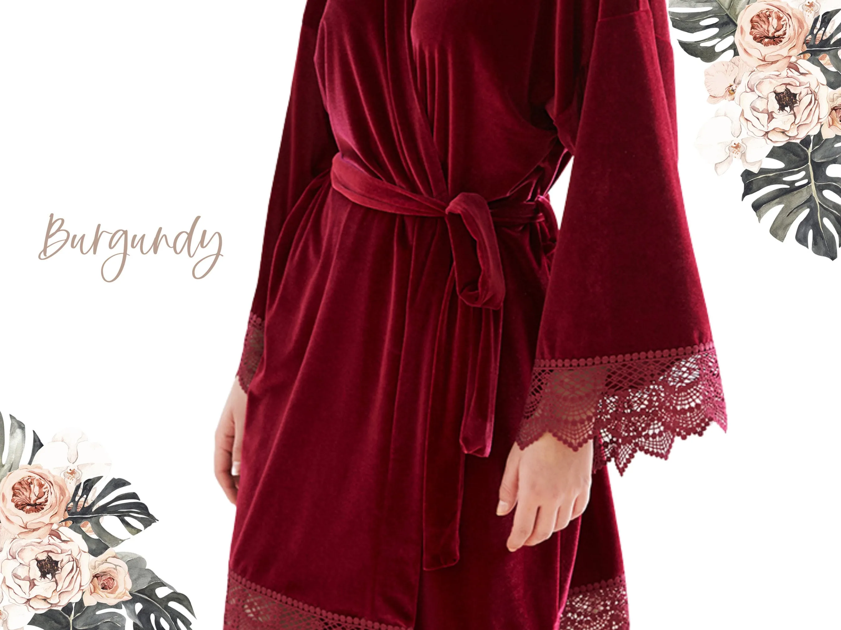 Emerald Velvet Robe with Lace Trims Robes For Bridesmaid,  Bridal Party Gift, Bridesmaid Gift, Kimono Robe for Bridal Shower