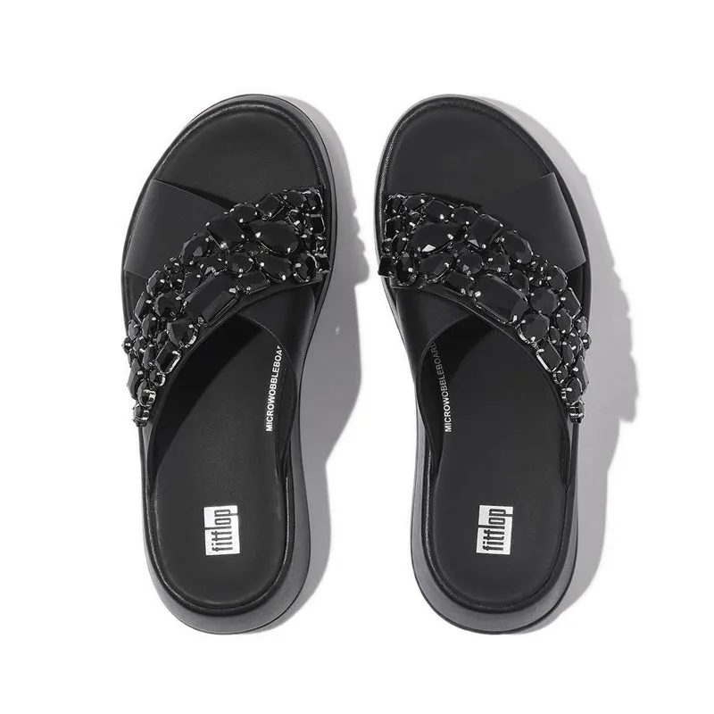 F-MODE JEWEL-DELUXE LEATHER FLATFORM CROSS SLIDES