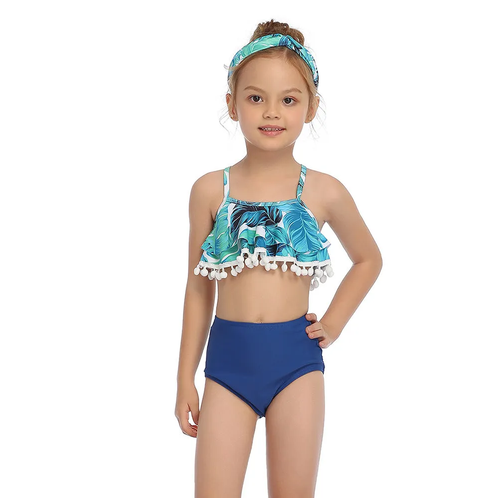 Family Matching Blue Leaves Ruffled Printed Swimsuits