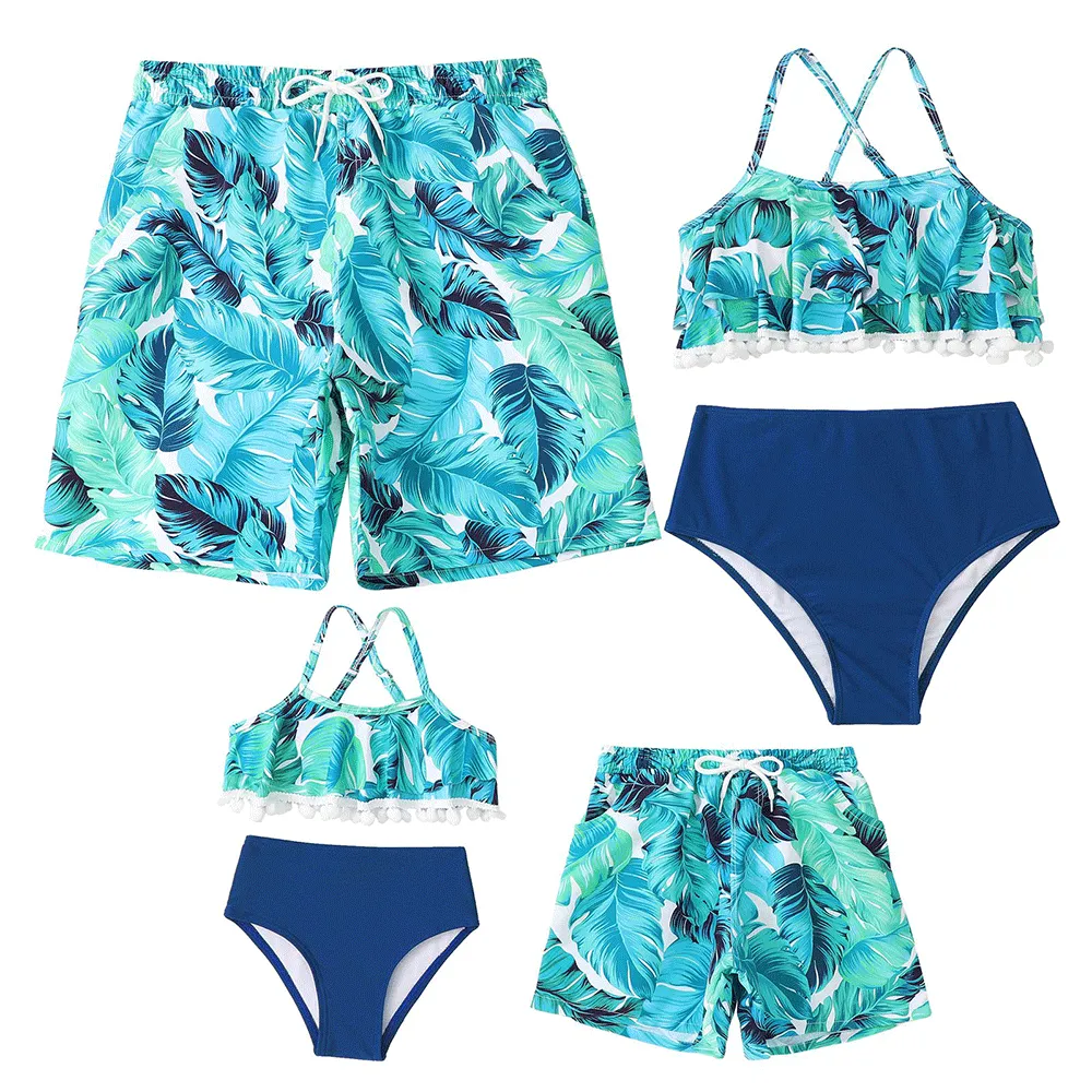 Family Matching Blue Leaves Ruffled Printed Swimsuits