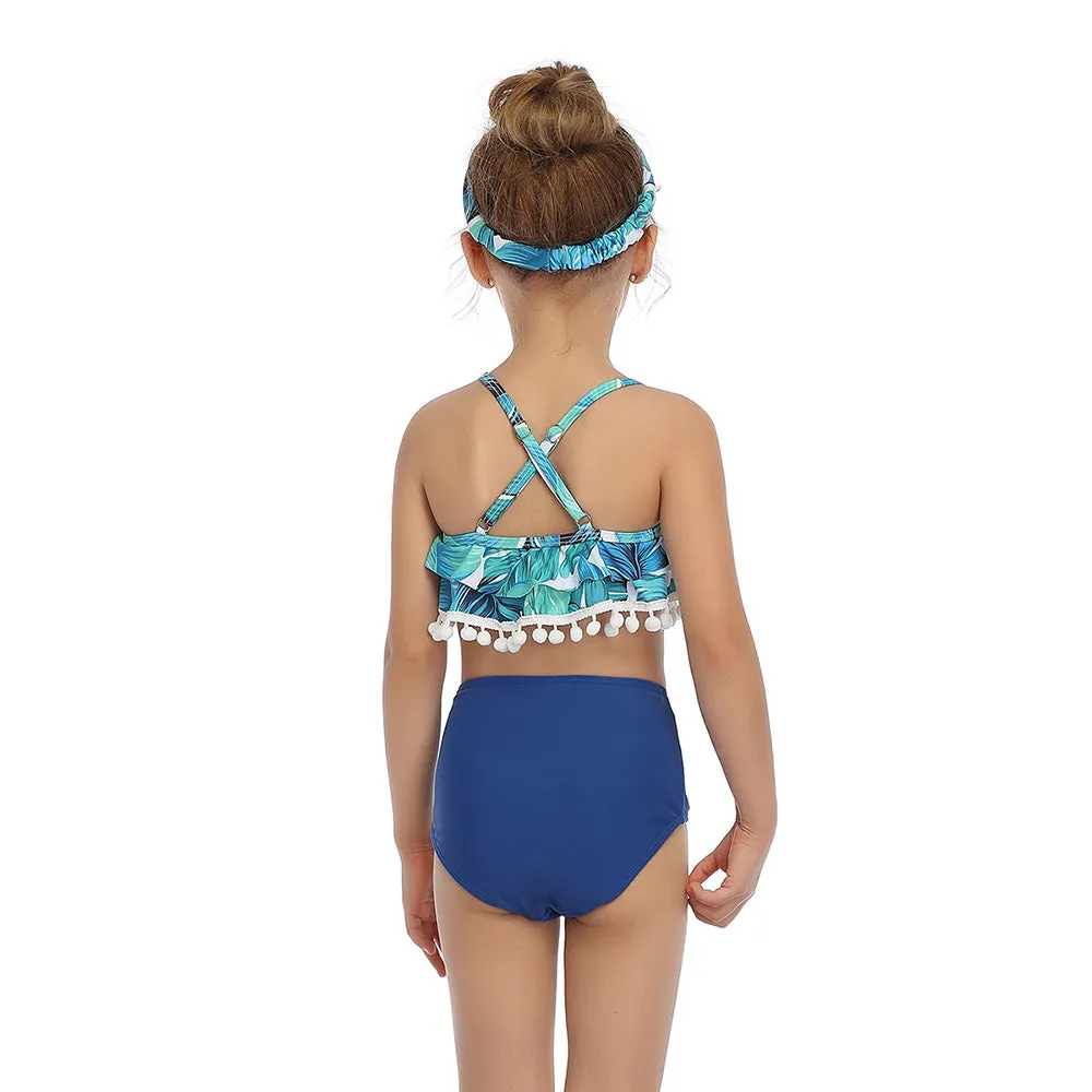 Family Matching Blue Leaves Ruffled Printed Swimsuits