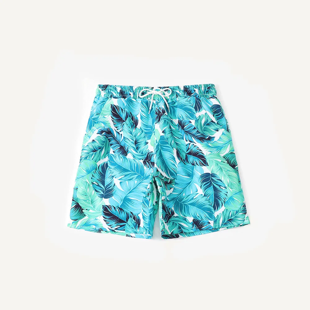 Family Matching Blue Leaves Ruffled Printed Swimsuits