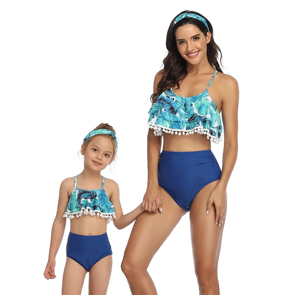 Family Matching Blue Leaves Ruffled Printed Swimsuits