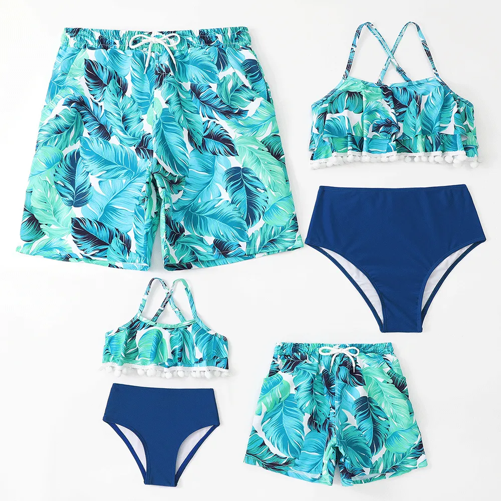 Family Matching Blue Leaves Ruffled Printed Swimsuits
