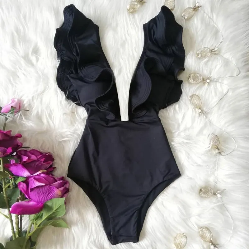 Flattering Floral Print Ruffled One Piece Summer Beach Swimsuits