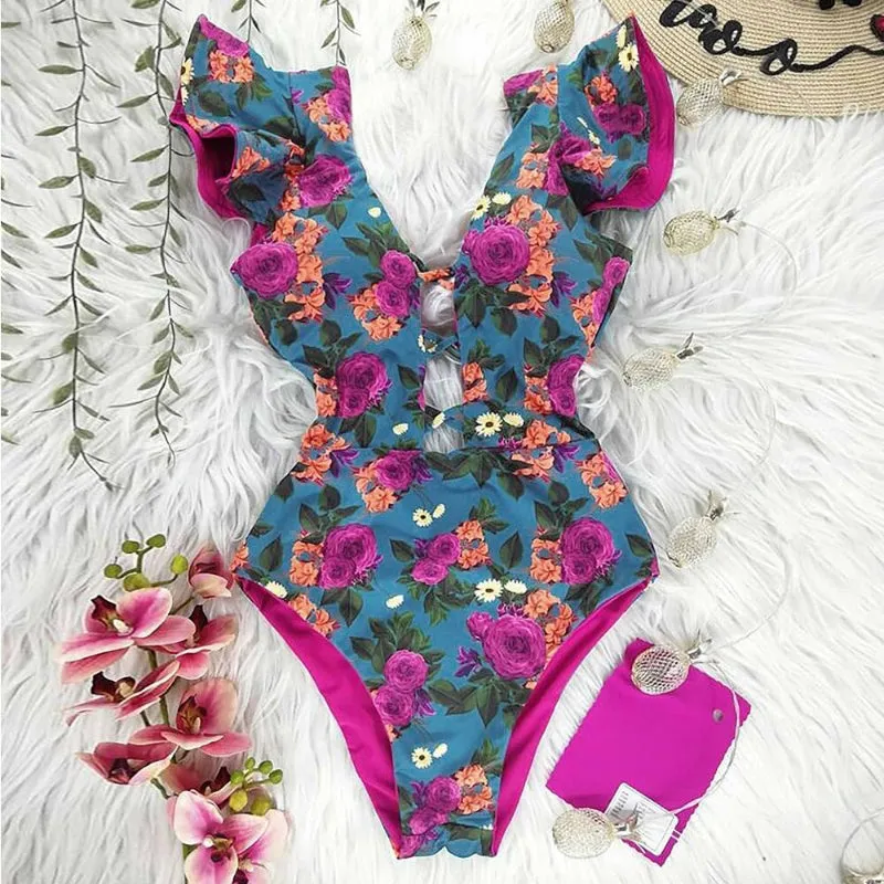 Flattering Floral Print Ruffled One Piece Summer Beach Swimsuits
