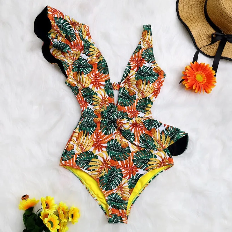 Flattering Floral Print Ruffled One Piece Summer Beach Swimsuits