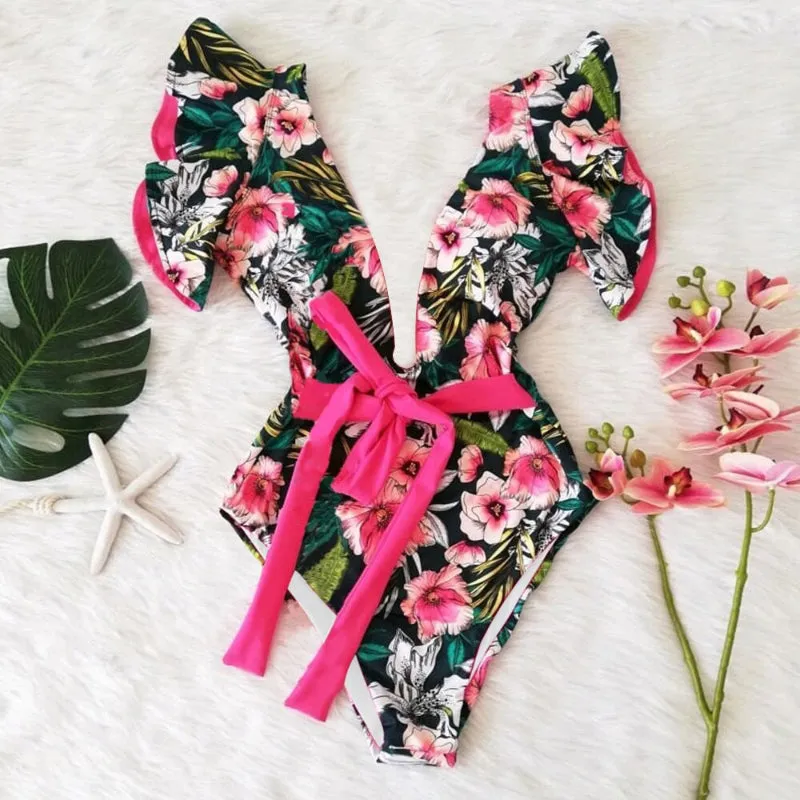Flattering Floral Print Ruffled One Piece Summer Beach Swimsuits