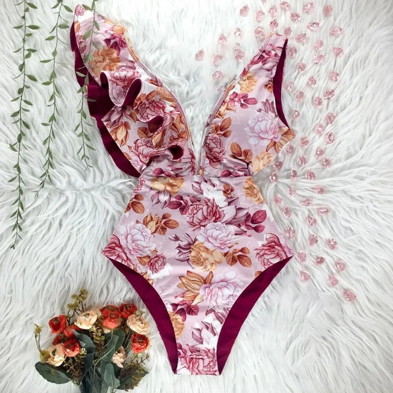 Flattering Floral Print Ruffled One Piece Summer Beach Swimsuits