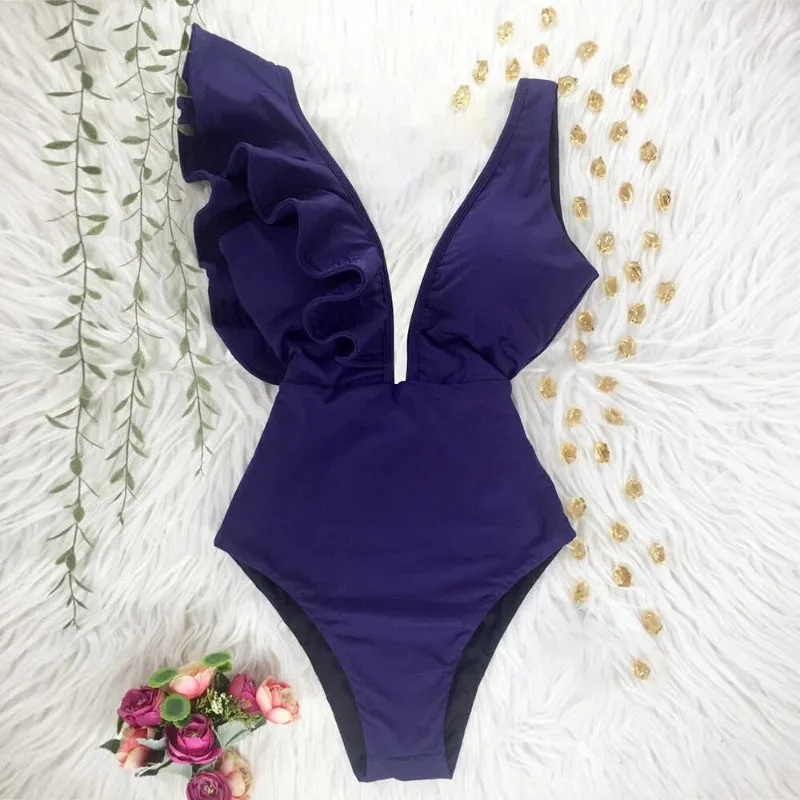 Flattering Floral Print Ruffled One Piece Summer Beach Swimsuits