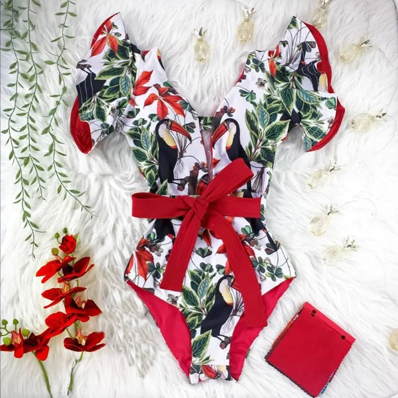 Flattering Floral Print Ruffled One Piece Summer Beach Swimsuits