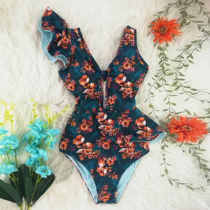 Flattering Floral Print Ruffled One Piece Summer Beach Swimsuits