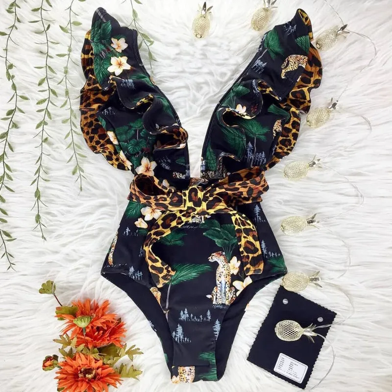 Flattering Floral Print Ruffled One Piece Summer Beach Swimsuits
