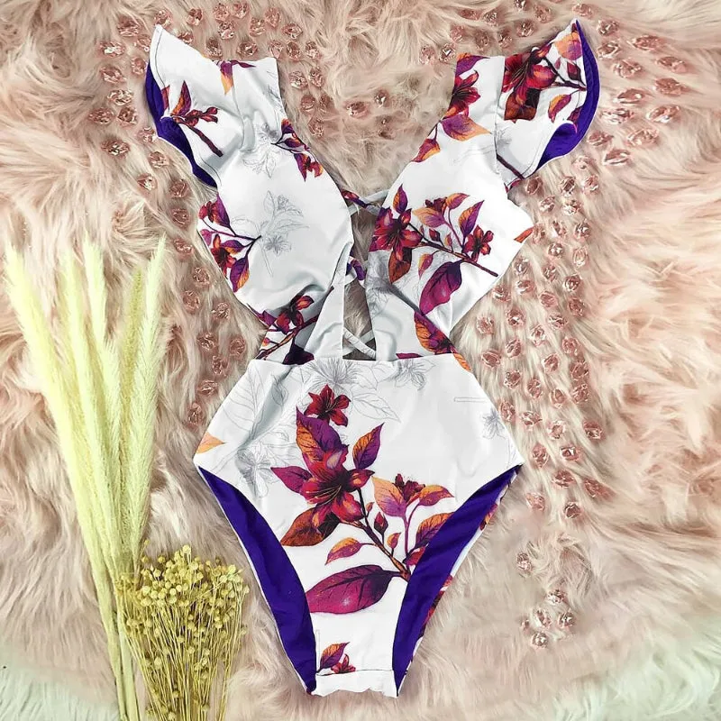Flattering Floral Print Ruffled One Piece Summer Beach Swimsuits