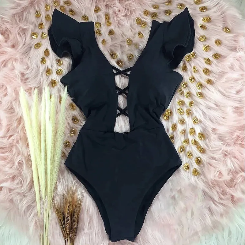 Flattering Floral Print Ruffled One Piece Summer Beach Swimsuits
