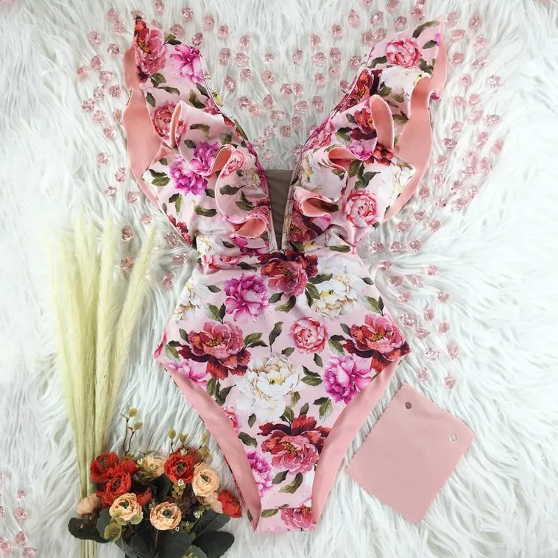 Flattering Floral Print Ruffled One Piece Summer Beach Swimsuits