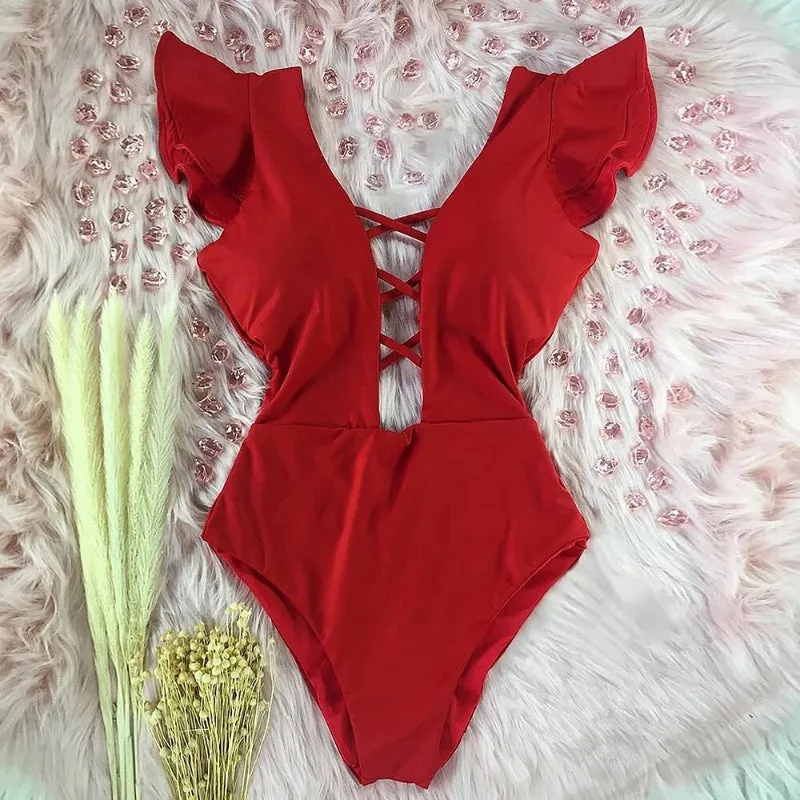 Flattering Floral Print Ruffled One Piece Summer Beach Swimsuits