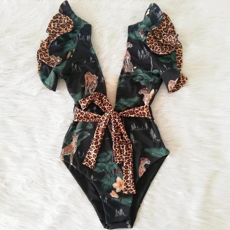 Flattering Floral Print Ruffled One Piece Summer Beach Swimsuits